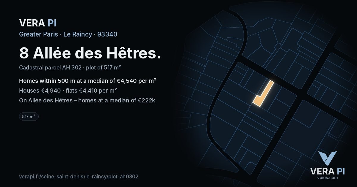 8 Allée des Hêtres, Le Raincy at night – the plot lit, the parcels around coloured by the prices near them