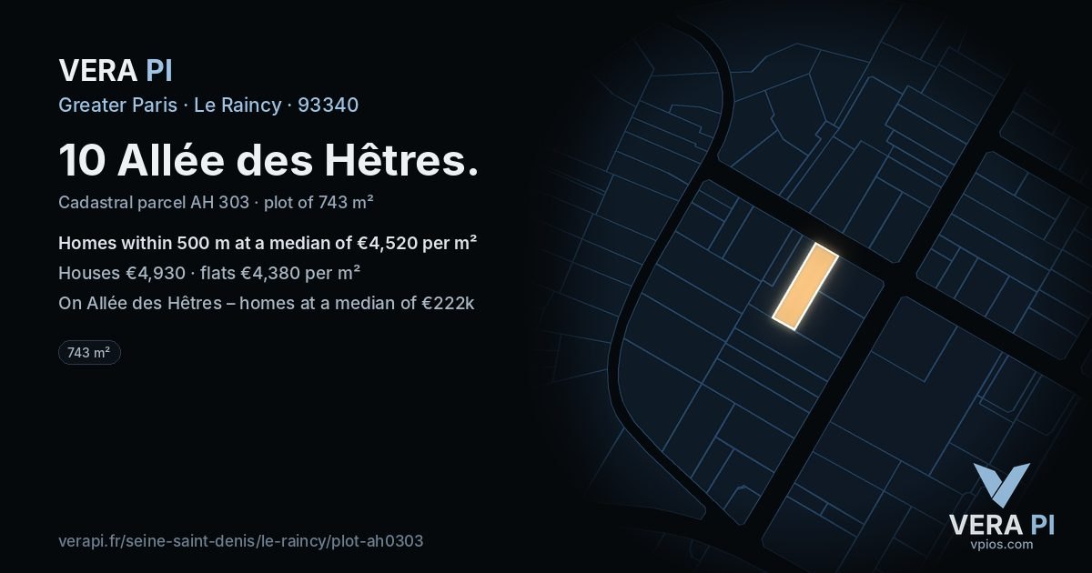 10 Allée des Hêtres, Le Raincy at night – the plot lit, the parcels around coloured by the prices near them