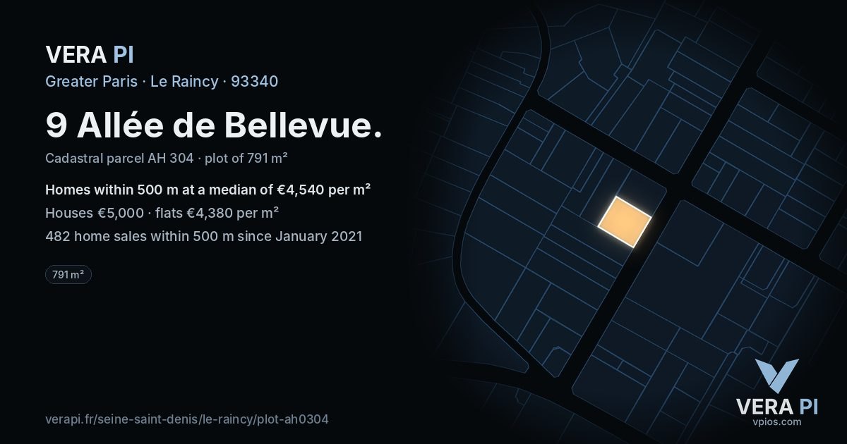 9 Allée de Bellevue, Le Raincy at night – the plot lit, the parcels around coloured by the prices near them