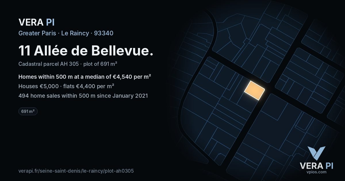 11 Allée de Bellevue, Le Raincy at night – the plot lit, the parcels around coloured by the prices near them