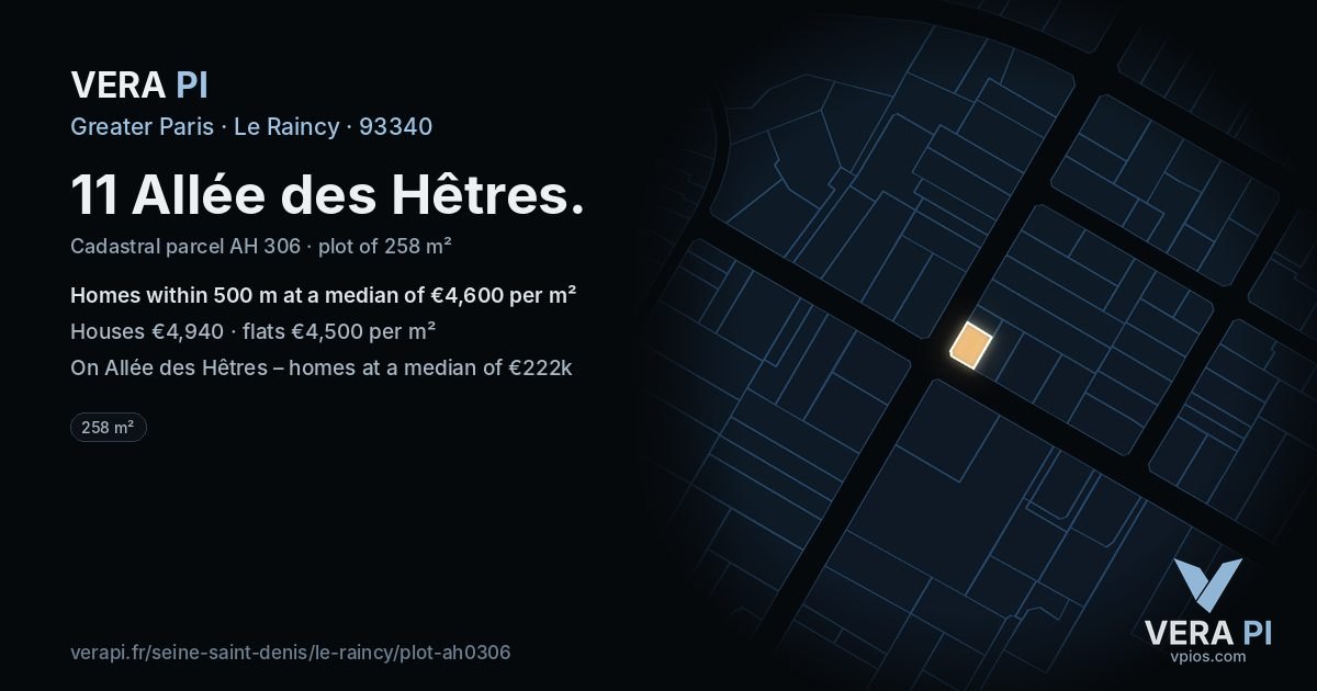 11 Allée des Hêtres, Le Raincy at night – the plot lit, the parcels around coloured by the prices near them