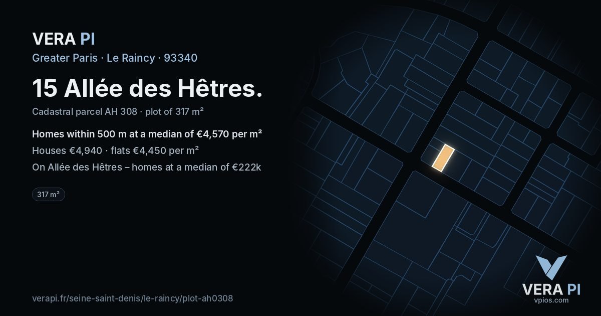 15 Allée des Hêtres, Le Raincy at night – the plot lit, the parcels around coloured by the prices near them
