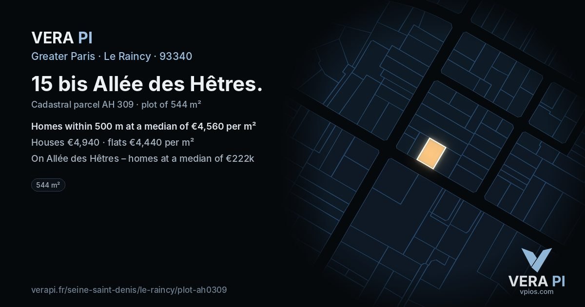 15 bis Allée des Hêtres, Le Raincy at night – the plot lit, the parcels around coloured by the prices near them