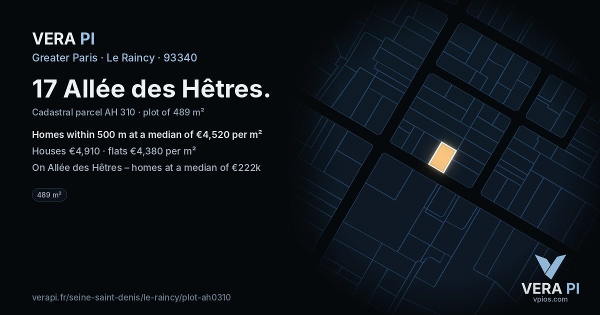 17 Allée des Hêtres, Le Raincy at night – the plot lit, the parcels around coloured by the prices near them