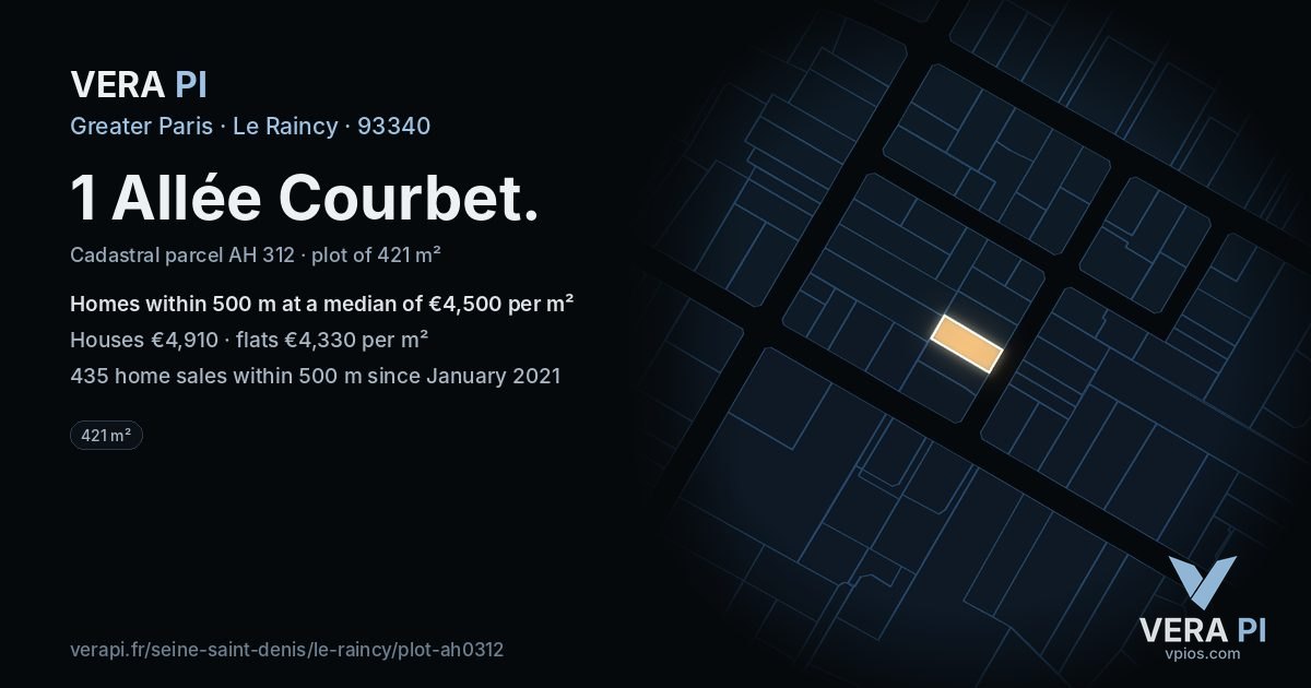 1 Allée Courbet, Le Raincy at night – the plot lit, the parcels around coloured by the prices near them