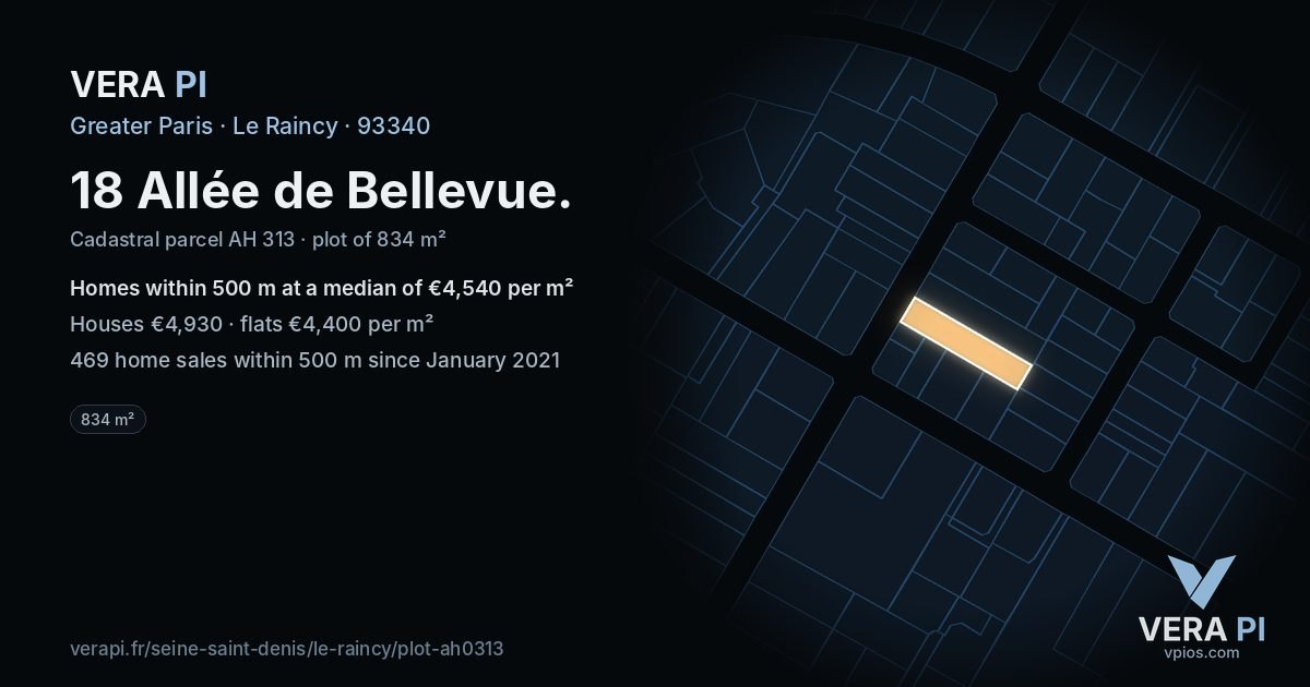 18 Allée de Bellevue, Le Raincy at night – the plot lit, the parcels around coloured by the prices near them