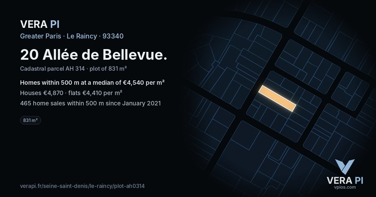 20 Allée de Bellevue, Le Raincy at night – the plot lit, the parcels around coloured by the prices near them