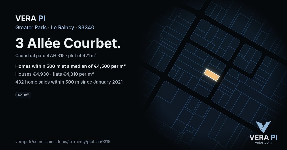 3 Allée Courbet, Le Raincy at night – the plot lit, the parcels around coloured by the prices near them