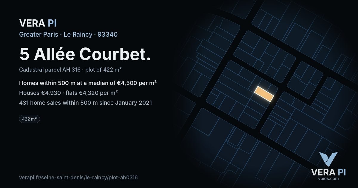 5 Allée Courbet, Le Raincy at night – the plot lit, the parcels around coloured by the prices near them
