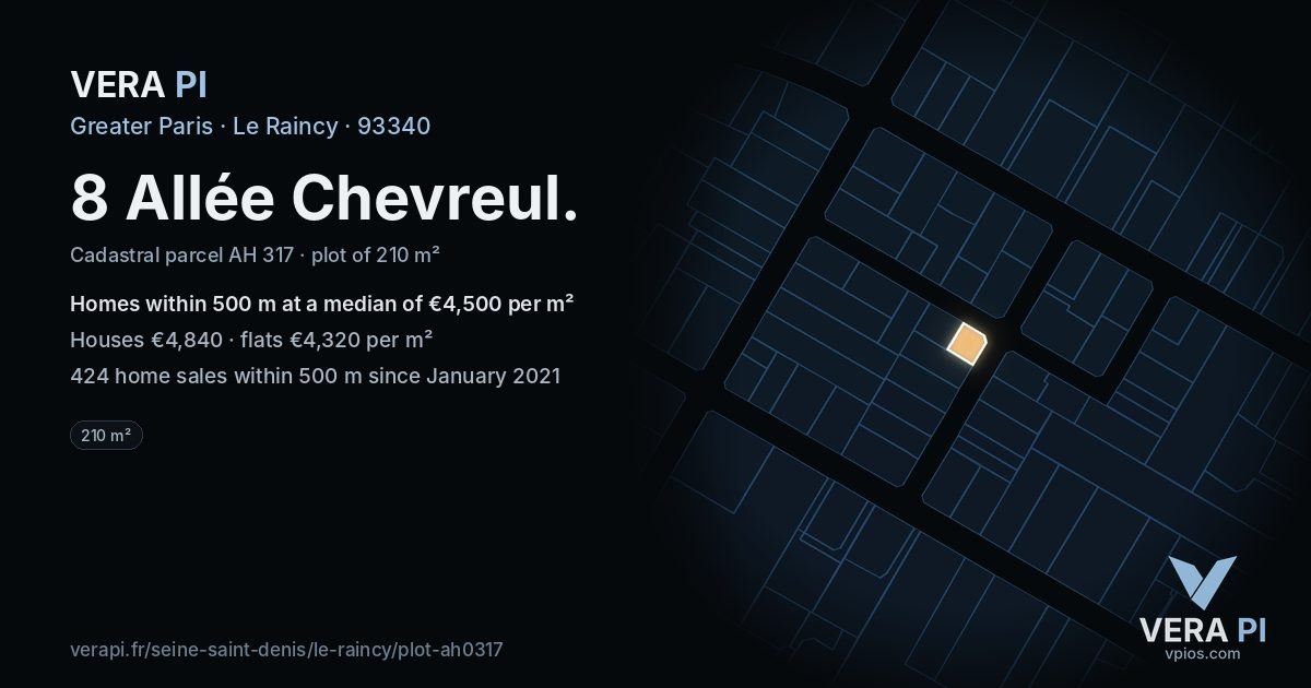 8 Allée Chevreul, Le Raincy at night – the plot lit, the parcels around coloured by the prices near them