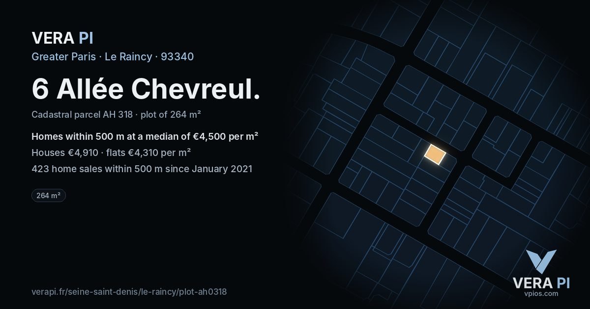 6 Allée Chevreul, Le Raincy at night – the plot lit, the parcels around coloured by the prices near them