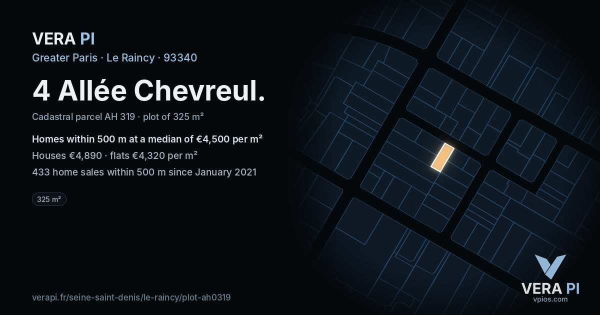 4 Allée Chevreul, Le Raincy at night – the plot lit, the parcels around coloured by the prices near them