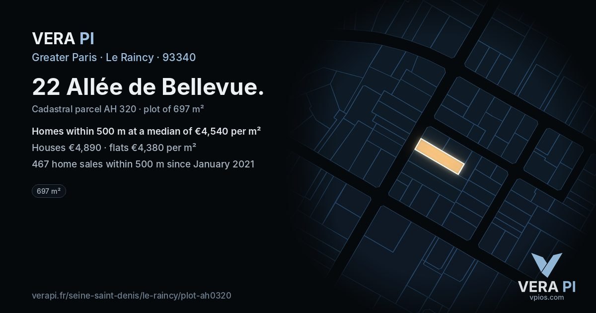 22 Allée de Bellevue, Le Raincy at night – the plot lit, the parcels around coloured by the prices near them