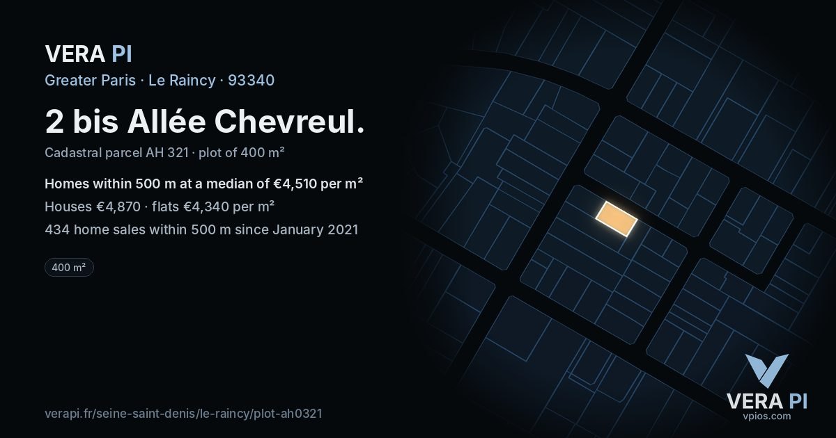 2 bis Allée Chevreul, Le Raincy at night – the plot lit, the parcels around coloured by the prices near them
