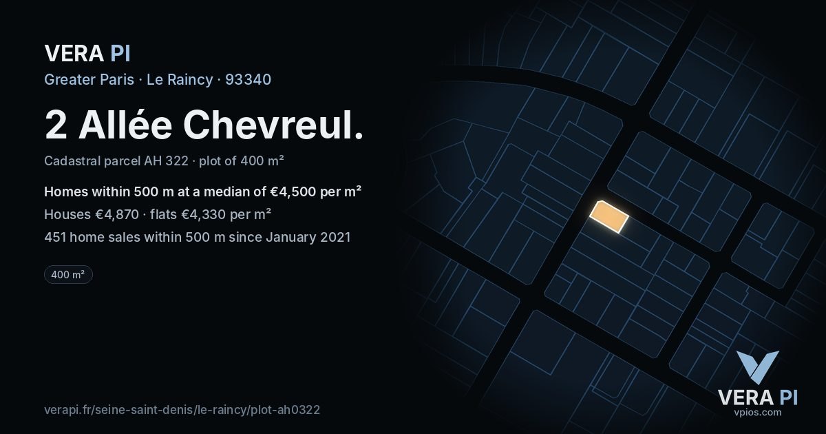 2 Allée Chevreul, Le Raincy at night – the plot lit, the parcels around coloured by the prices near them