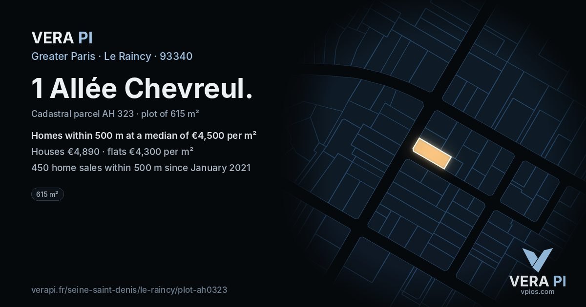 1 Allée Chevreul, Le Raincy at night – the plot lit, the parcels around coloured by the prices near them