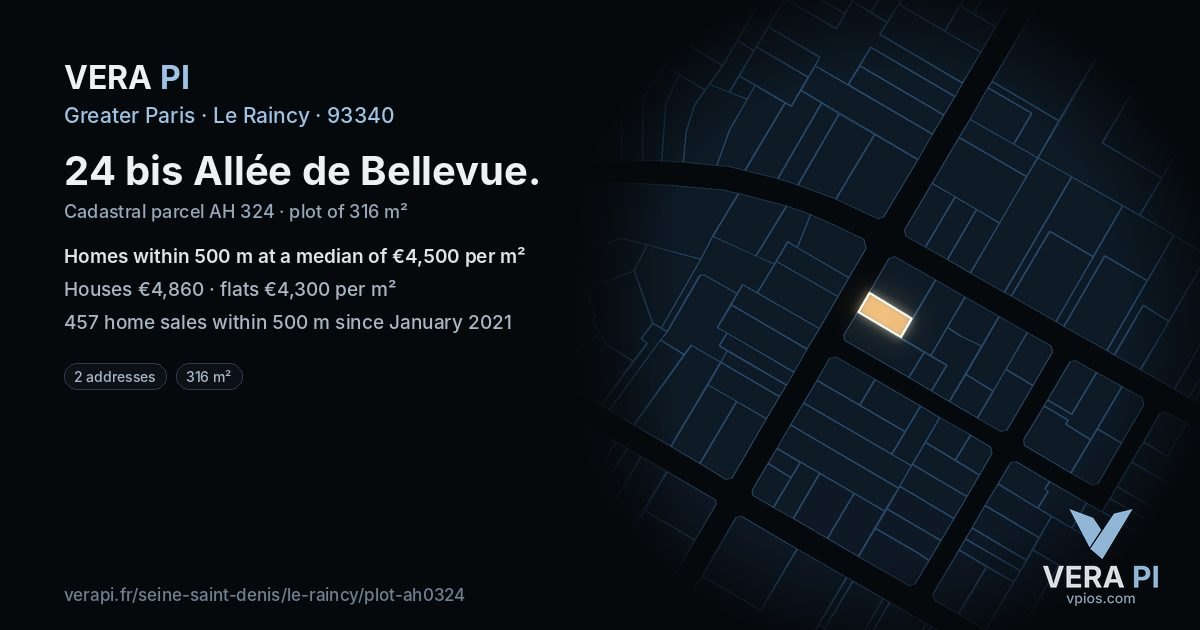 24 bis Allée de Bellevue, Le Raincy at night – the plot lit, the parcels around coloured by the prices near them