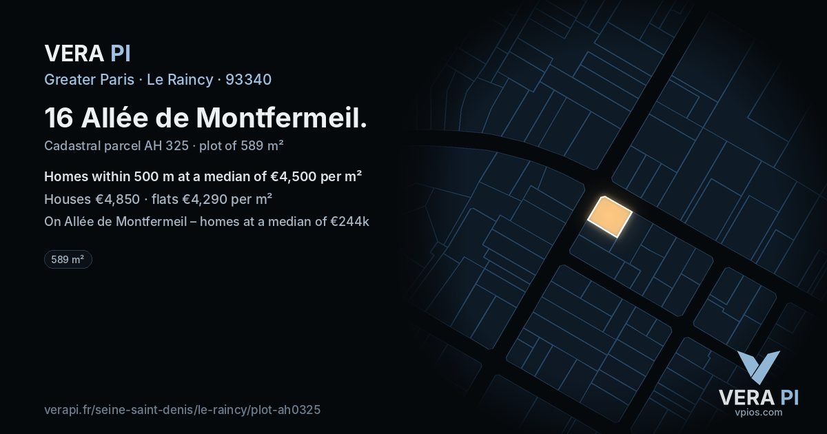 16 Allée de Montfermeil, Le Raincy at night – the plot lit, the parcels around coloured by the prices near them