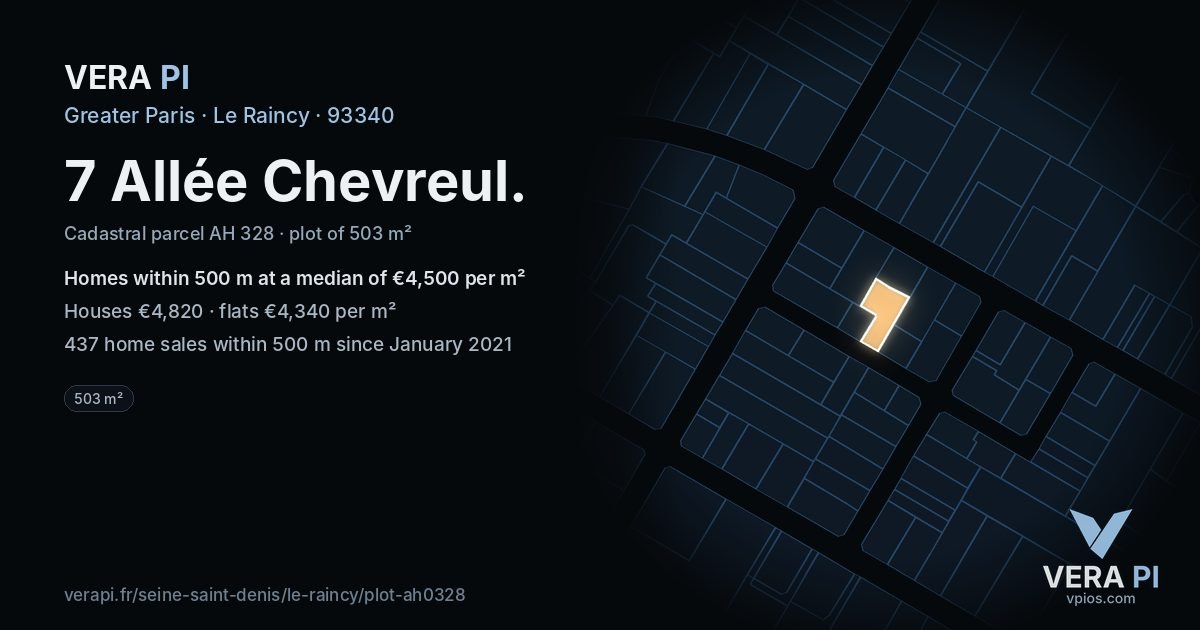 7 Allée Chevreul, Le Raincy at night – the plot lit, the parcels around coloured by the prices near them