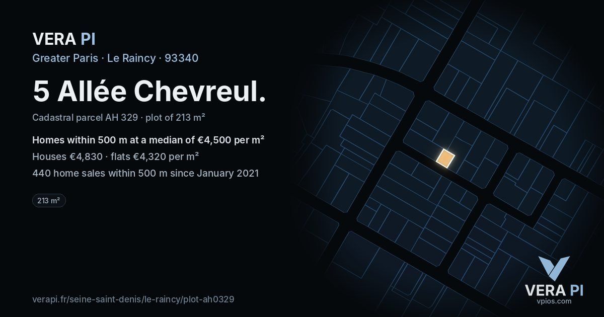 5 Allée Chevreul, Le Raincy at night – the plot lit, the parcels around coloured by the prices near them