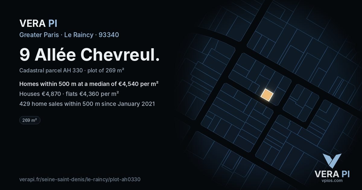 9 Allée Chevreul, Le Raincy at night – the plot lit, the parcels around coloured by the prices near them