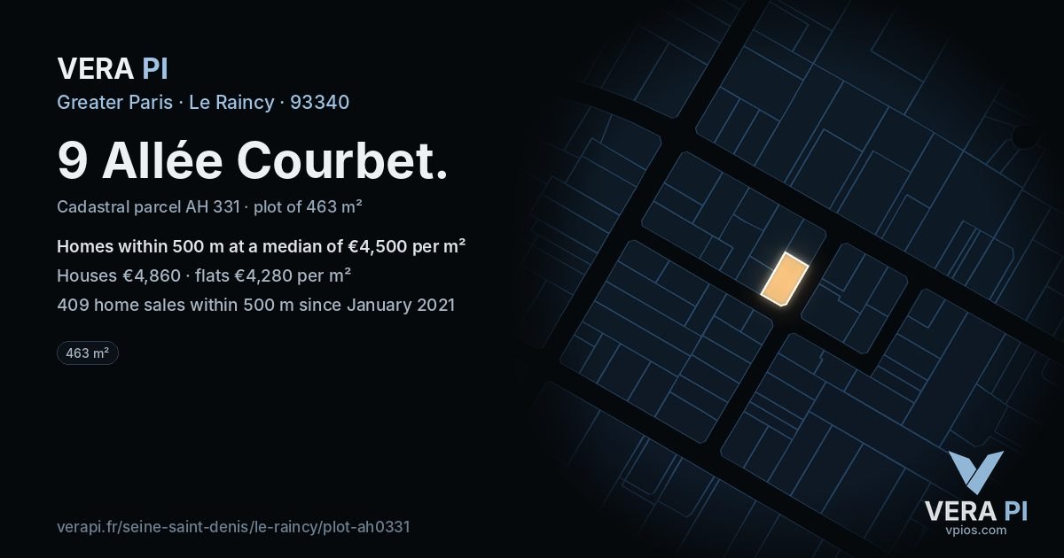 9 Allée Courbet, Le Raincy at night – the plot lit, the parcels around coloured by the prices near them