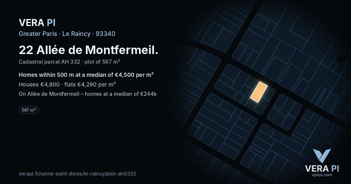 22 Allée de Montfermeil, Le Raincy at night – the plot lit, the parcels around coloured by the prices near them