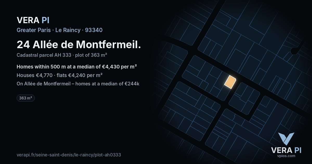 24 Allée de Montfermeil, Le Raincy at night – the plot lit, the parcels around coloured by the prices near them