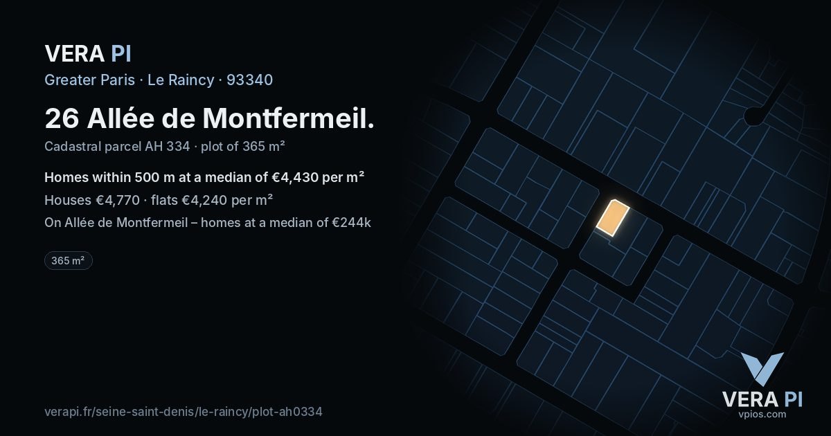 26 Allée de Montfermeil, Le Raincy at night – the plot lit, the parcels around coloured by the prices near them