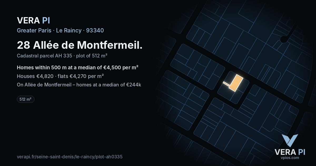 28 Allée de Montfermeil, Le Raincy at night – the plot lit, the parcels around coloured by the prices near them