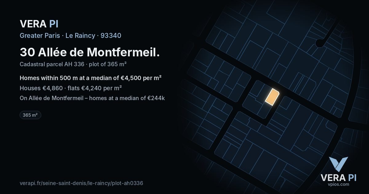 30 Allée de Montfermeil, Le Raincy at night – the plot lit, the parcels around coloured by the prices near them