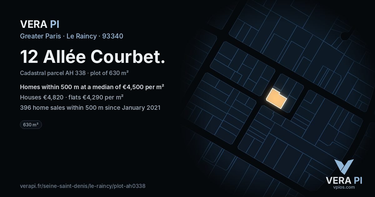 12 Allée Courbet, Le Raincy at night – the plot lit, the parcels around coloured by the prices near them