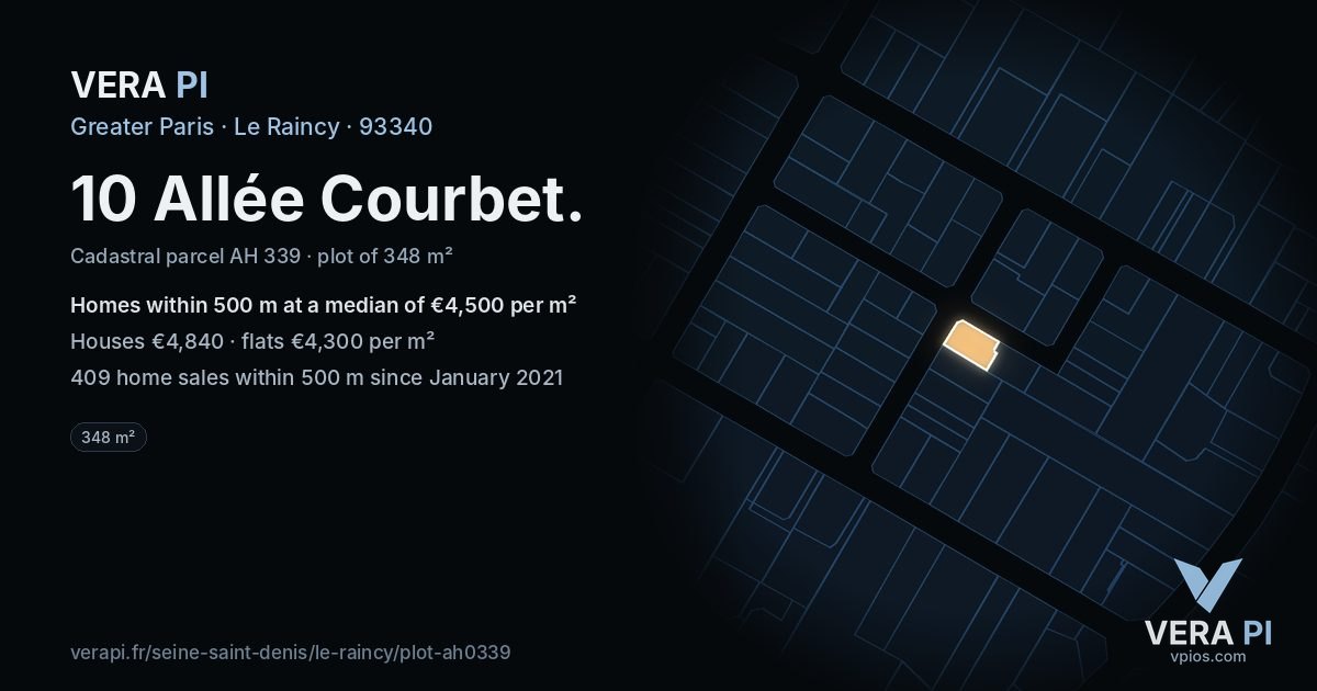 10 Allée Courbet, Le Raincy at night – the plot lit, the parcels around coloured by the prices near them