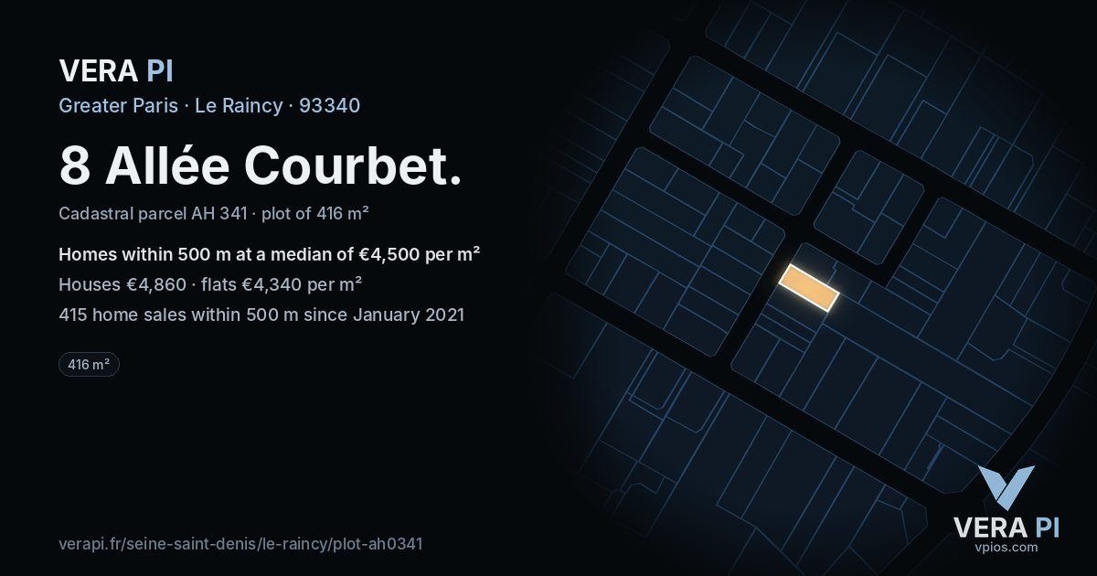 8 Allée Courbet, Le Raincy at night – the plot lit, the parcels around coloured by the prices near them