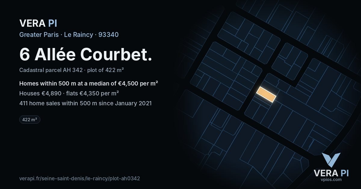 6 Allée Courbet, Le Raincy at night – the plot lit, the parcels around coloured by the prices near them
