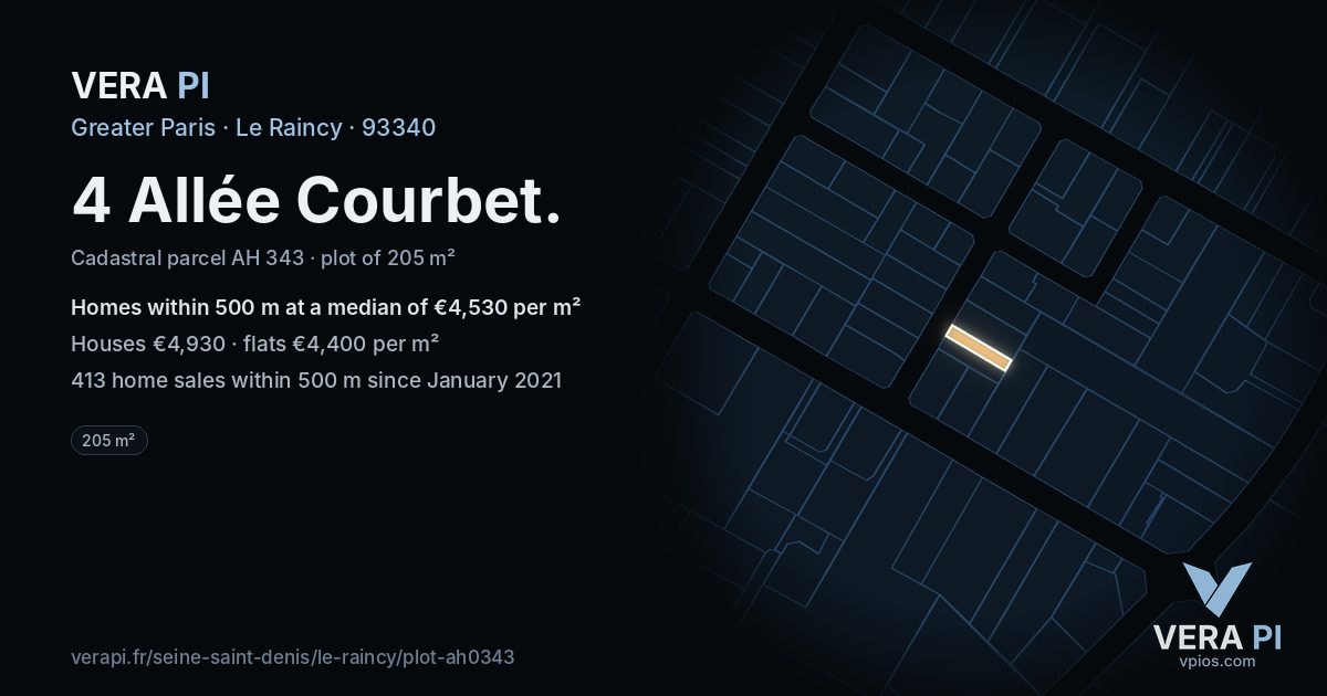 4 Allée Courbet, Le Raincy at night – the plot lit, the parcels around coloured by the prices near them