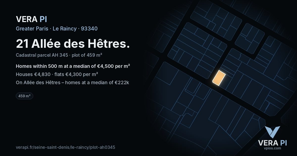 21 Allée des Hêtres, Le Raincy at night – the plot lit, the parcels around coloured by the prices near them