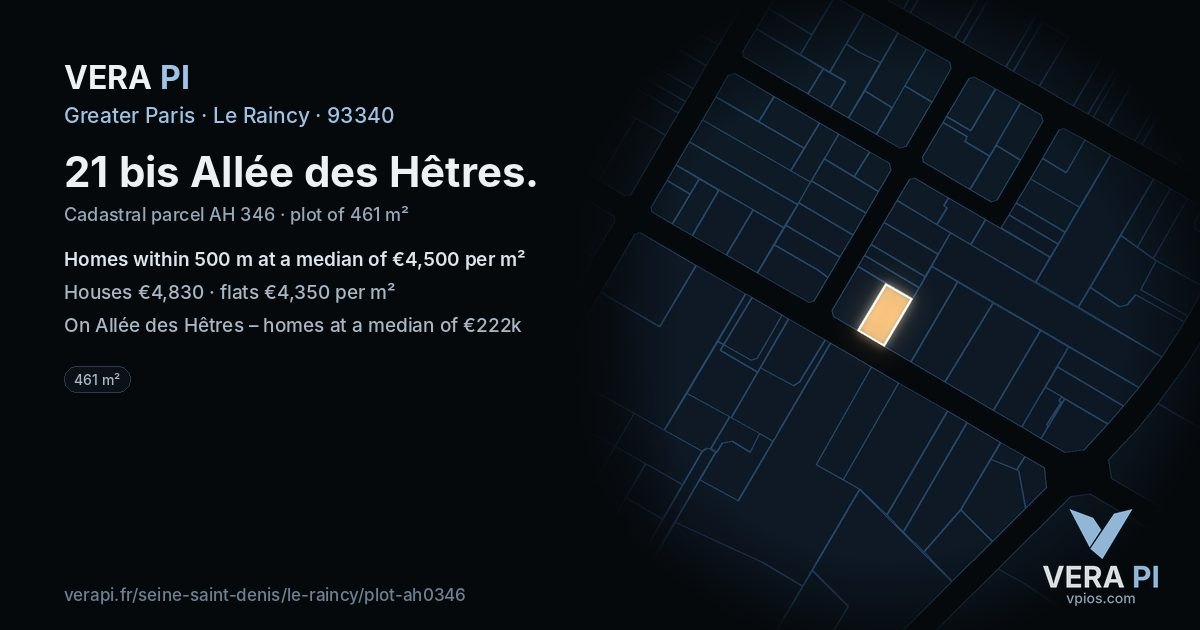 21 bis Allée des Hêtres, Le Raincy at night – the plot lit, the parcels around coloured by the prices near them