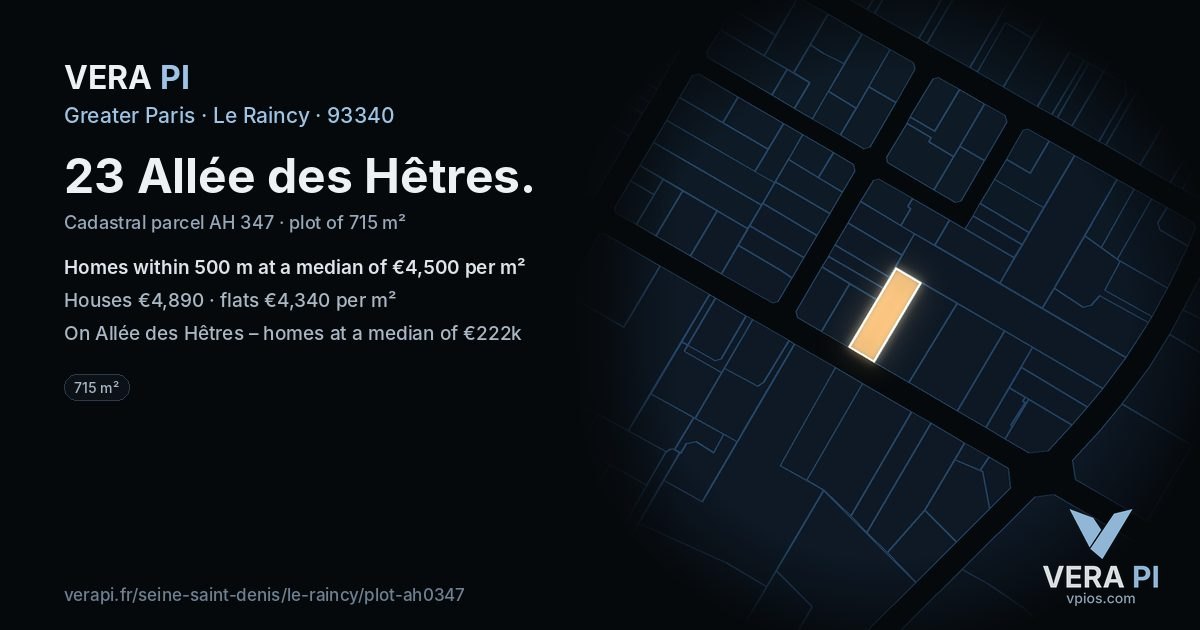 23 Allée des Hêtres, Le Raincy at night – the plot lit, the parcels around coloured by the prices near them