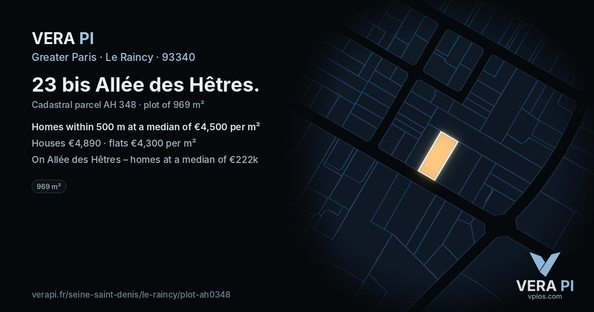 23 bis Allée des Hêtres, Le Raincy at night – the plot lit, the parcels around coloured by the prices near them