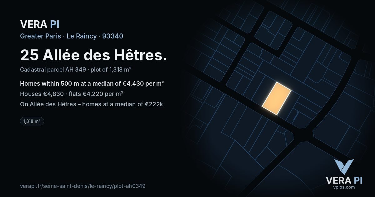 25 Allée des Hêtres, Le Raincy at night – the plot lit, the parcels around coloured by the prices near them