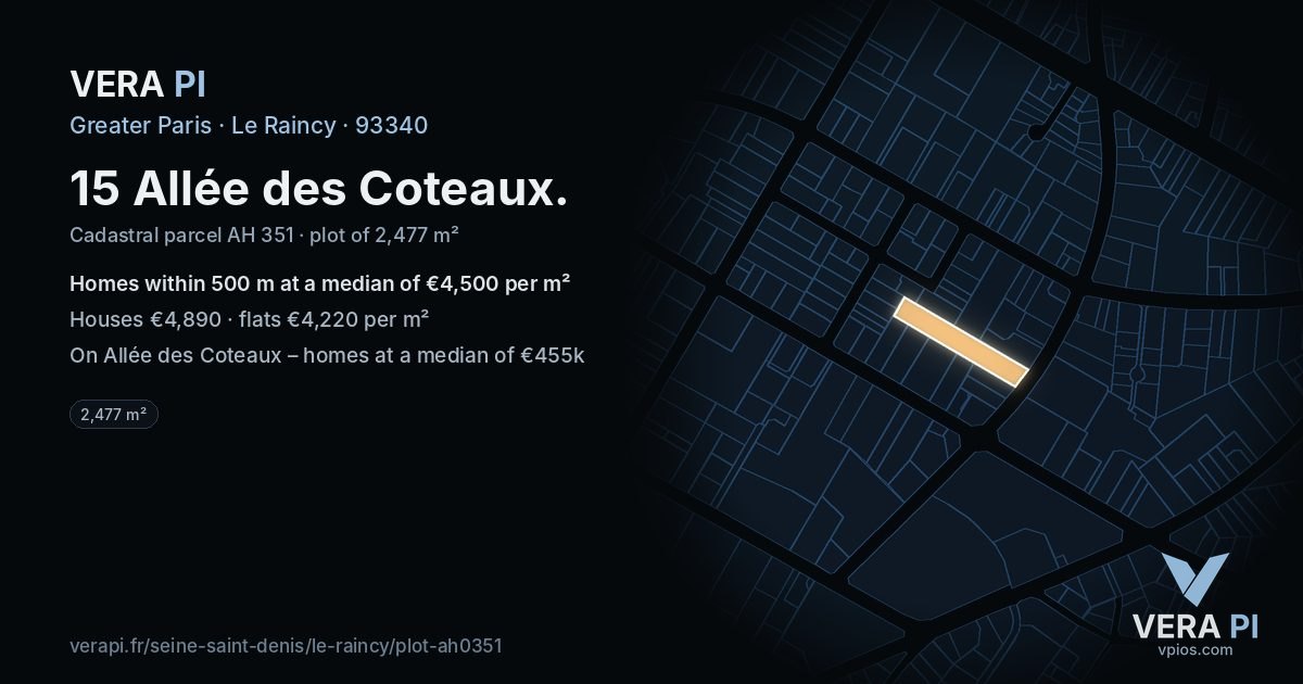 15 Allée des Coteaux, Le Raincy at night – the plot lit, the parcels around coloured by the prices near them