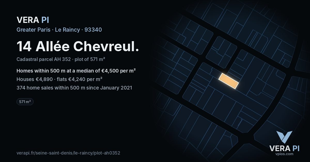 14 Allée Chevreul, Le Raincy at night – the plot lit, the parcels around coloured by the prices near them