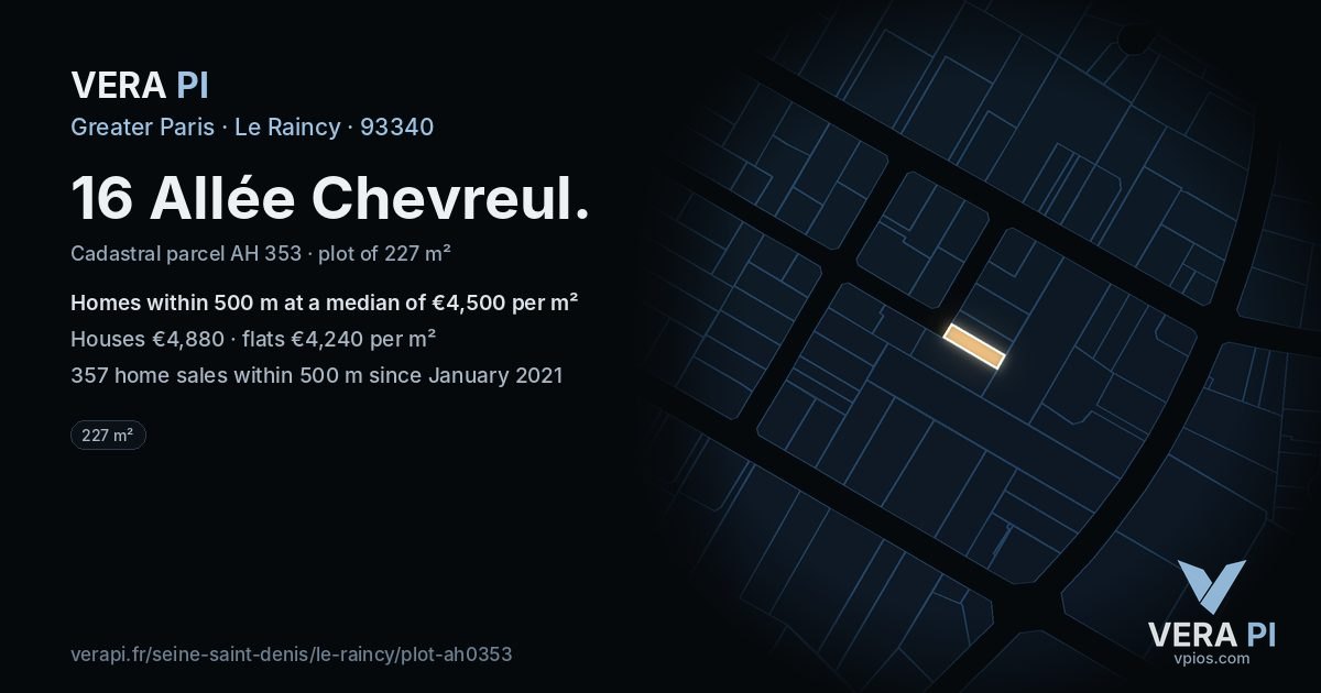 16 Allée Chevreul, Le Raincy at night – the plot lit, the parcels around coloured by the prices near them