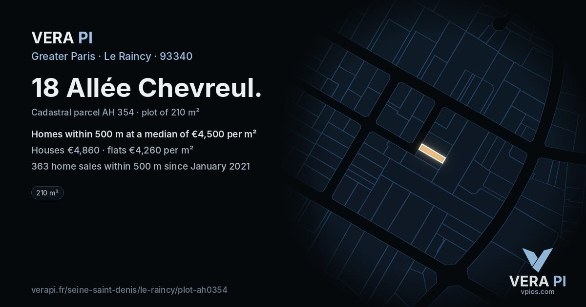 18 Allée Chevreul, Le Raincy at night – the plot lit, the parcels around coloured by the prices near them