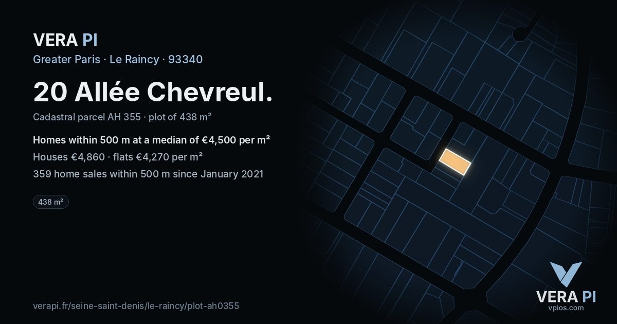 20 Allée Chevreul, Le Raincy at night – the plot lit, the parcels around coloured by the prices near them