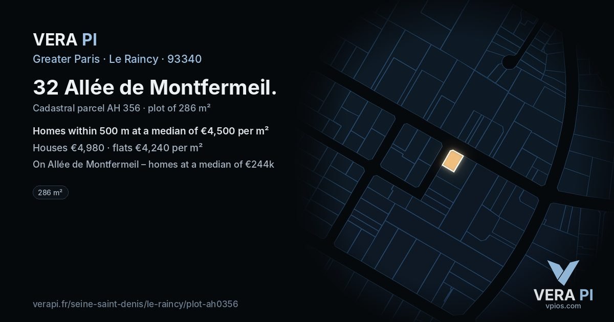 32 Allée de Montfermeil, Le Raincy at night – the plot lit, the parcels around coloured by the prices near them