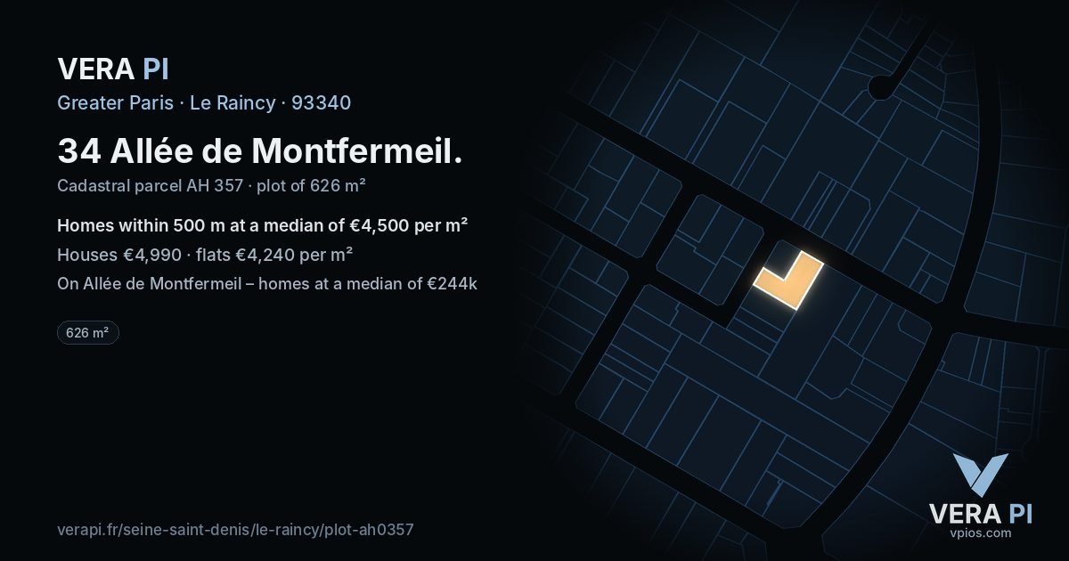 34 Allée de Montfermeil, Le Raincy at night – the plot lit, the parcels around coloured by the prices near them