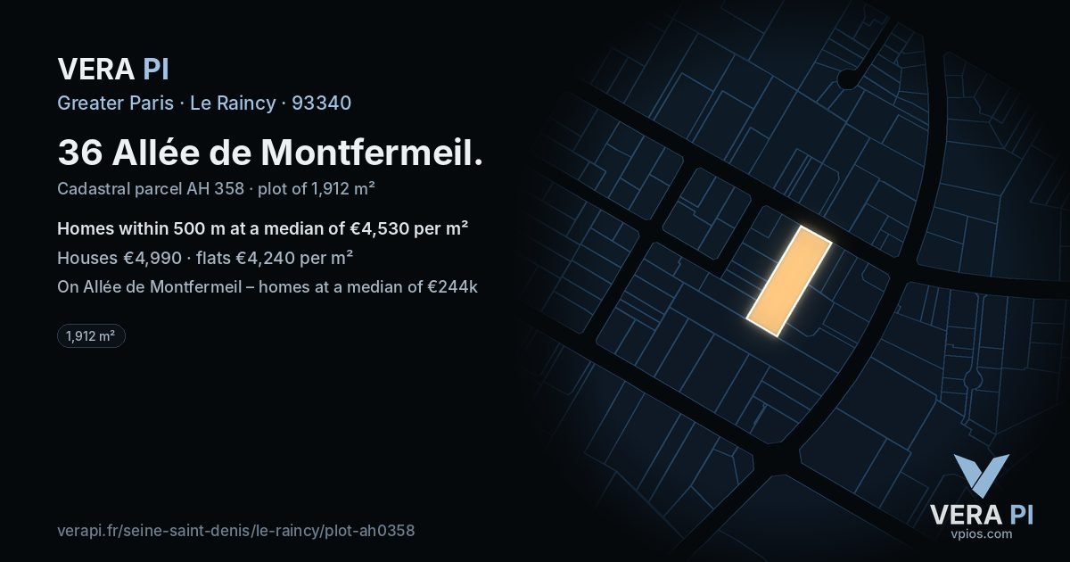 36 Allée de Montfermeil, Le Raincy at night – the plot lit, the parcels around coloured by the prices near them