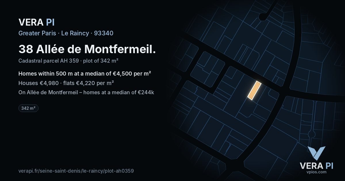 38 Allée de Montfermeil, Le Raincy at night – the plot lit, the parcels around coloured by the prices near them